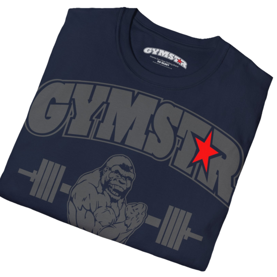 A navy blue Gymstar fitness t-shirt with the brand logo and a motivating design Training Day. Front view.