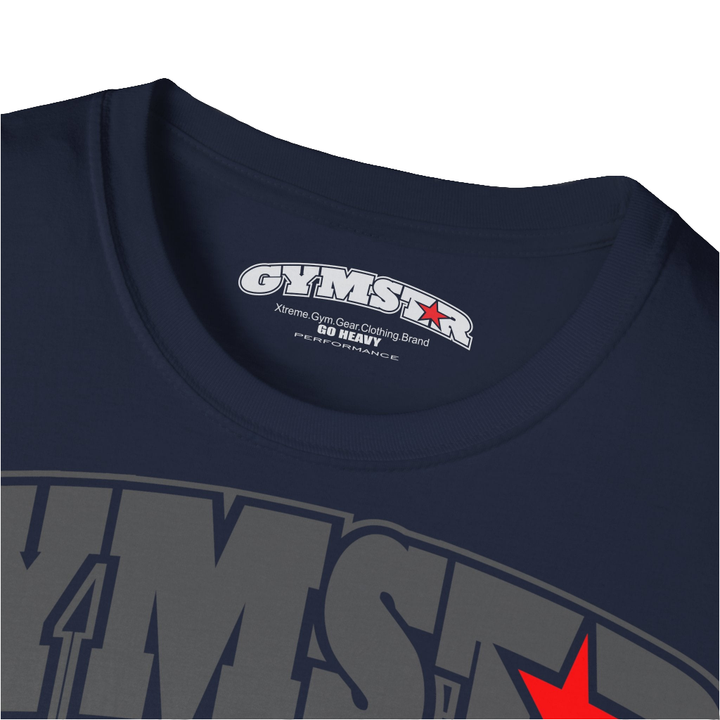 A navy blue Gymstar fitness t-shirt with the brand logo and a motivating design Training Day. Front close up view.