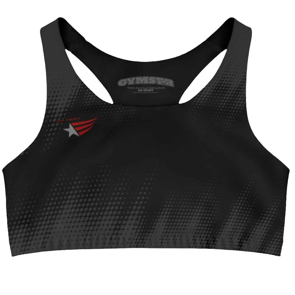 Black Grey sports, fitness bra from the Gimstar brand, with white seams and a small logo on the left side. Front view.