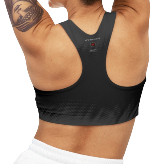 A woman wearing Black Grey sports, fitness bra from the Gimstar brand, with white seams and a small logo on the left side. Rear view.