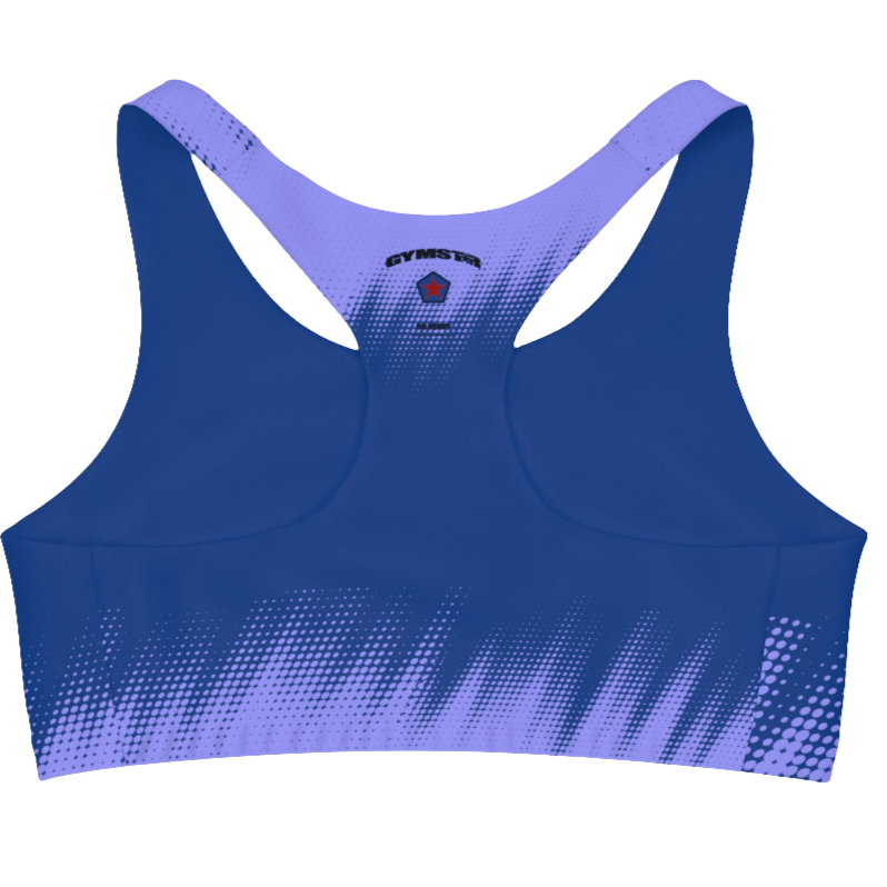 A women's athletic sports bra Gymstar. It is primarily light blue  with a blue, dotted, gradient pattern that radiates from the sides and bottom. The straps are solid red. A small logo featuring a star and three red and blue stripes is on the center of the back.