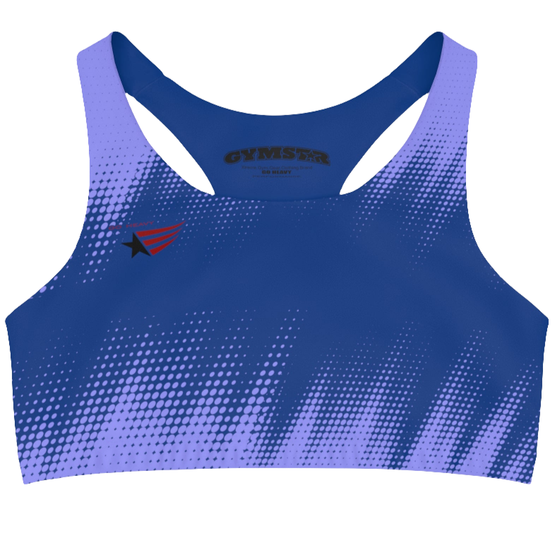A women's athletic sports bra Gymstar. It is primarily light blue  with a blue, dotted, gradient pattern that radiates from the sides and bottom. The straps are solid red. A small logo featuring a star and three red and blue stripes is on the left side of the chest.