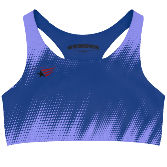 A women's athletic sports bra Gymstar. It is primarily light blue  with a blue, dotted, gradient pattern that radiates from the sides and bottom. The straps are solid red. A small logo featuring a star and three red and blue stripes is on the left side of the chest.