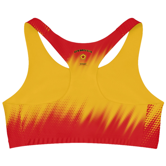 Red and yellow sports bra with visible brand logo.