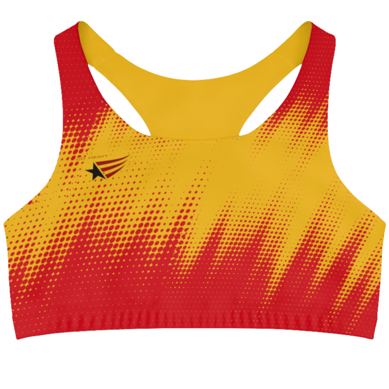 Red and yellow sports bra with visible brand logo. Front view.