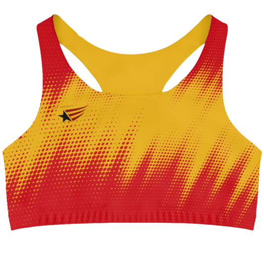 Red and yellow sports bra with visible brand logo. Front view.