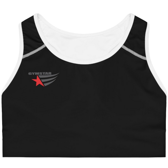 Black sports, fitness bra from the Gimstar brand, with white seams and a small logo on the left side. Front view.