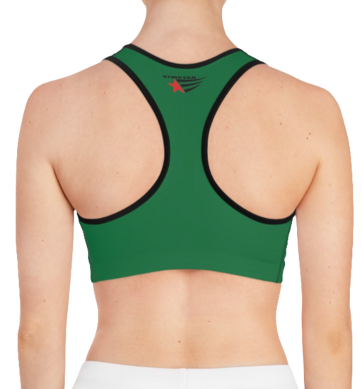 A women's solid green athletic sports bra Gymstar, shown from the back. It features black trim and a racerback style. The brand's logo is visible on the upper back, just below the neckline.