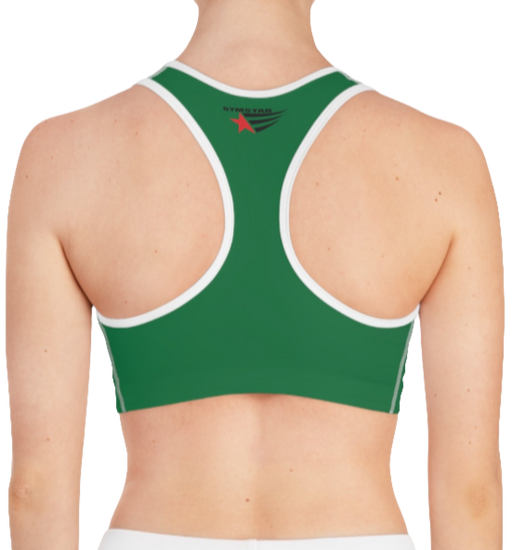 A women's solid green athletic sports bra Gymstar, shown from the back. It features white trim and a racerback style. The brand's logo is visible on the upper back, just below the neckline.