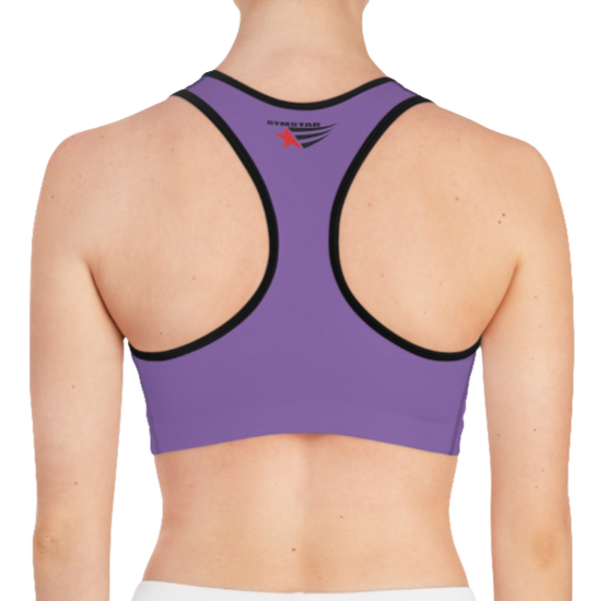 A women's solid purple athletic sports bra Gymstar, shown from the back. It features black trim and a racerback style. The brand's logo is visible on the upper back, just below the neckline.
