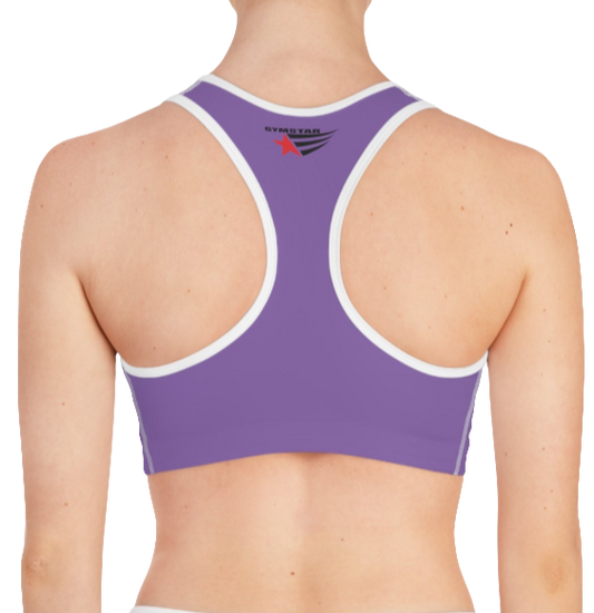 A women's solid purple athletic sports bra Gymstar, shown from the back. It features white trim and a racerback style. The brand's logo is visible on the upper back, just below the neckline.