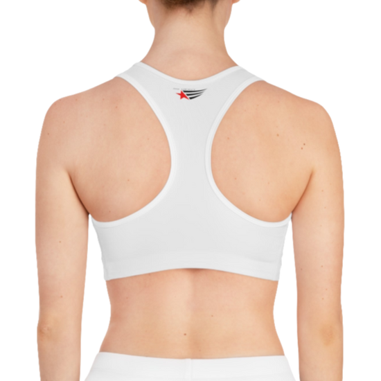A women's solid white athletic sports bra Gymstar, shown from the back. It features white trim and a racerback style. The brand's logo is visible on the upper back, just below the neckline.