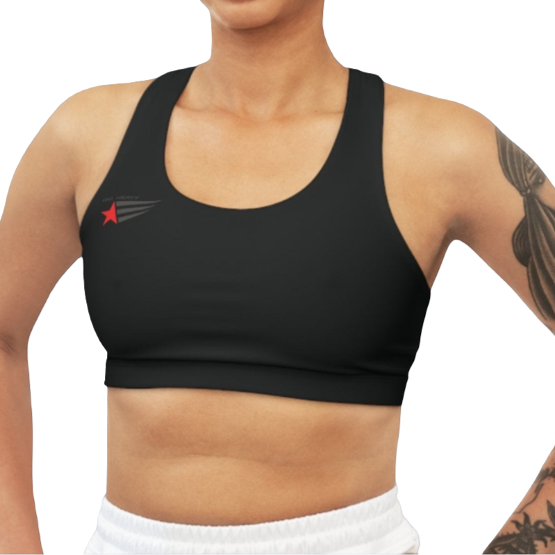 A woman wearing Black  sports, fitness bra from the Gimstar brand, with white seams and a small logo on the left side. Front view.