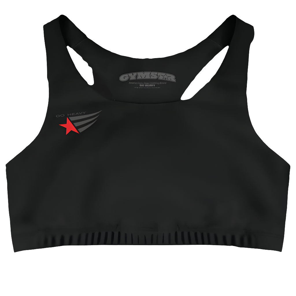 Black  sports, fitness bra from the Gimstar brand, with white seams and a small logo . Front view.