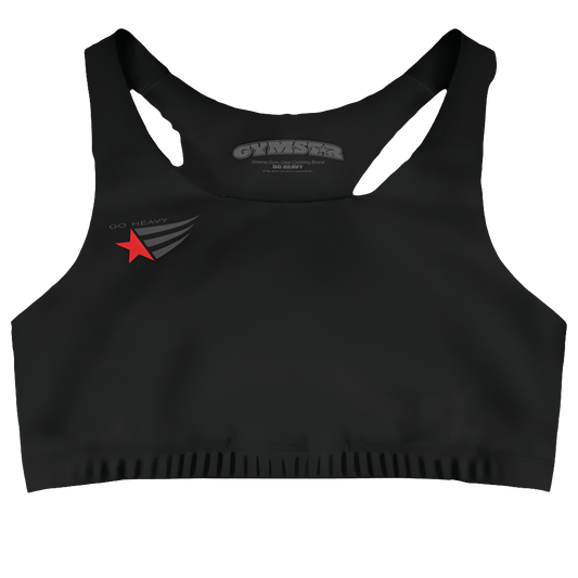 Black  sports, fitness bra from the Gimstar brand, with white seams and a small logo . Front view.