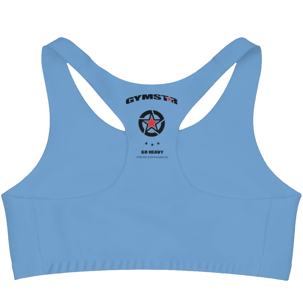 A Carolina Blue,  sports, fitness bra from the Gimstar brand, with  a small logo on the left side. Rear view.