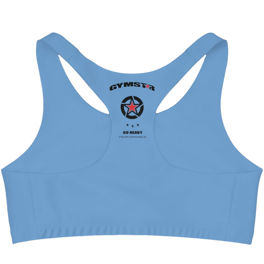 A Carolina Blue,  sports, fitness bra from the Gimstar brand, with  a small logo on the left side. Rear view.