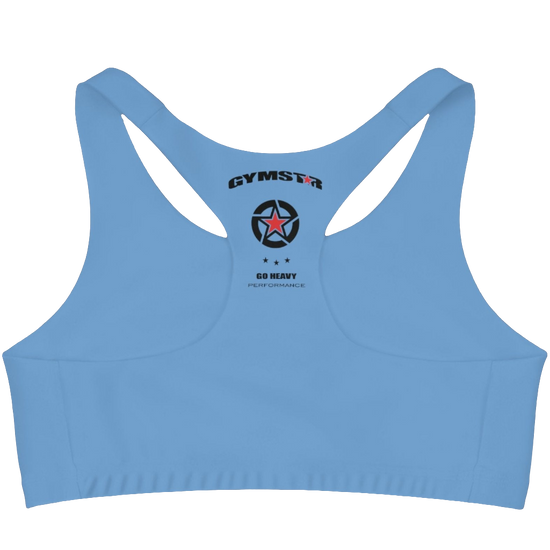 A Carolina Blue,  sports, fitness bra from the Gimstar brand, with  a small logo on the left side. Rear view.