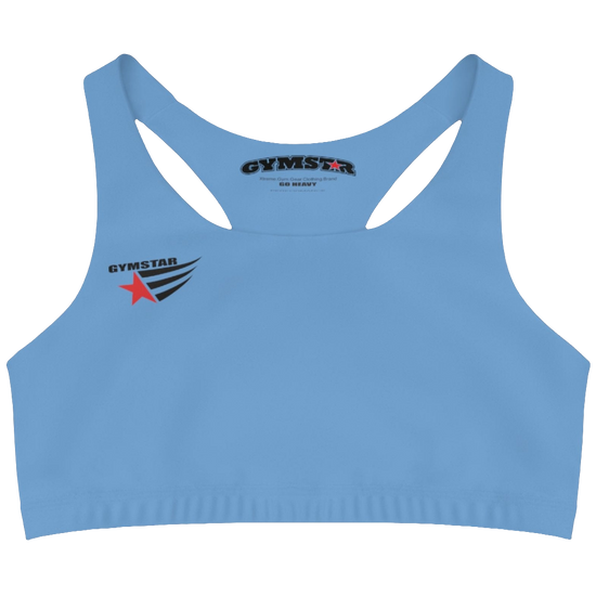 A Carolina Blue,  sports, fitness bra from the Gimstar brand, with  a small logo on the left side. Front view.