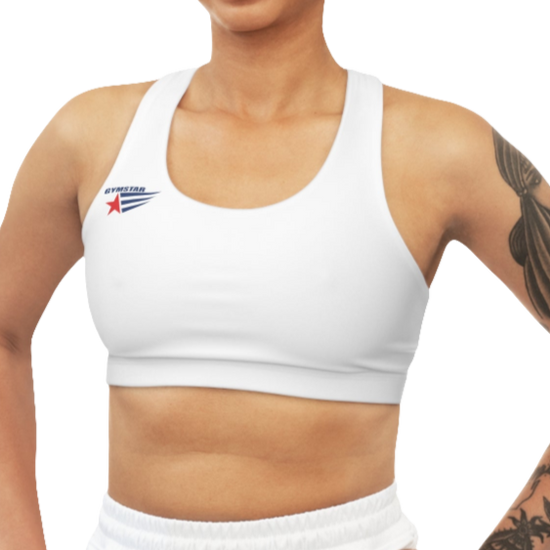 A women's solid white athletic sports bra. It has a scoop neckline and a racerback fitness style. A small logo featuring a star and three red and blue stripes is on the left side of the chest, with the brand name "GYMSTAR" above it.