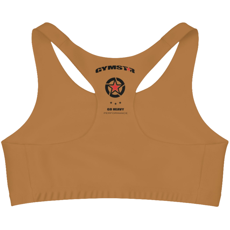 A women`s  brown athletic sports bra Gymstar, shown from the behind. The straps are solid  and form a racerback style at the back. A small logo is on the centre  side of the back.