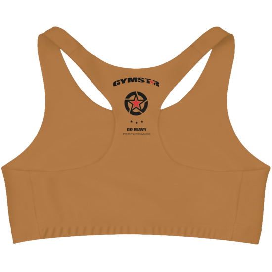 A women`s  brown athletic sports bra Gymstar, shown from the behind. The straps are solid  and form a racerback style at the back. A small logo is on the centre  side of the back.