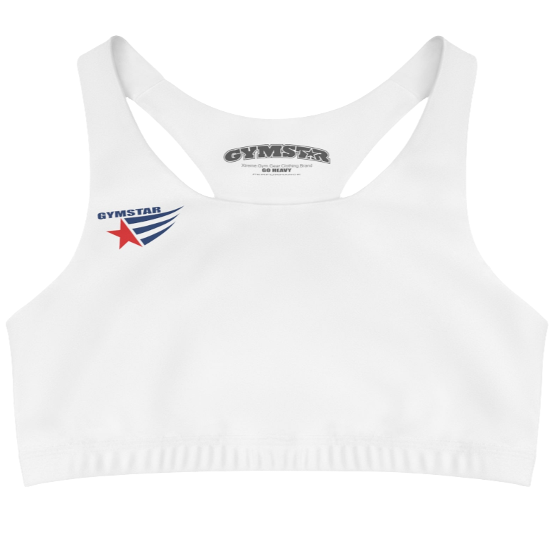 A women's solid white athletic sports bra Gymstar. It has a scoop neckline and a racerback style. A logo with a red star and three black stripes is on the left chest, with the brand name "GYMSTAR" in black text above it. The main brand tag with "GYMSTAR" is visible on the inner back neckline.