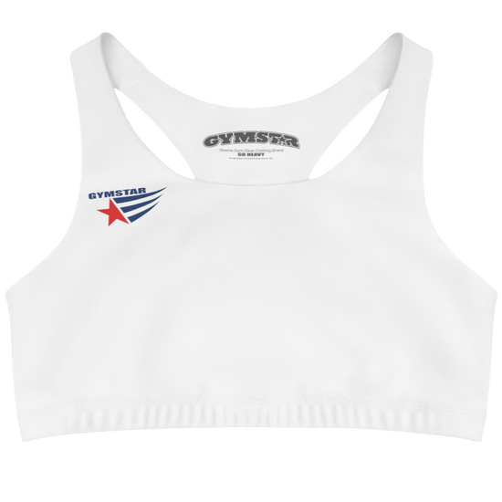 A women's solid white athletic sports bra Gymstar. It has a scoop neckline and a racerback style. A logo with a red star and three black stripes is on the left chest, with the brand name "GYMSTAR" in black text above it. The main brand tag with "GYMSTAR" is visible on the inner back neckline.