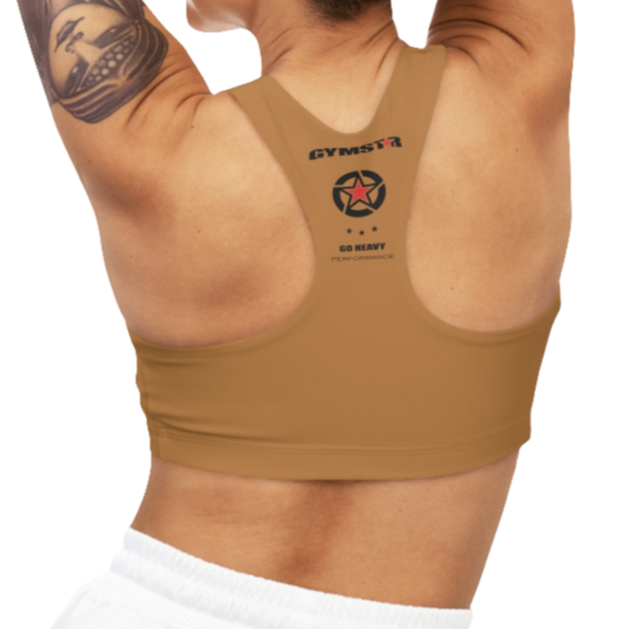
A women's solid brown athletic sports bra, shown from the back. It has a racerback style. The brand's logo, a red star within a circle of smaller stars, is printed on the upper back, along with the "GYMSTAR" brand name and the tagline "GO HEAVY PERFORMANCE."