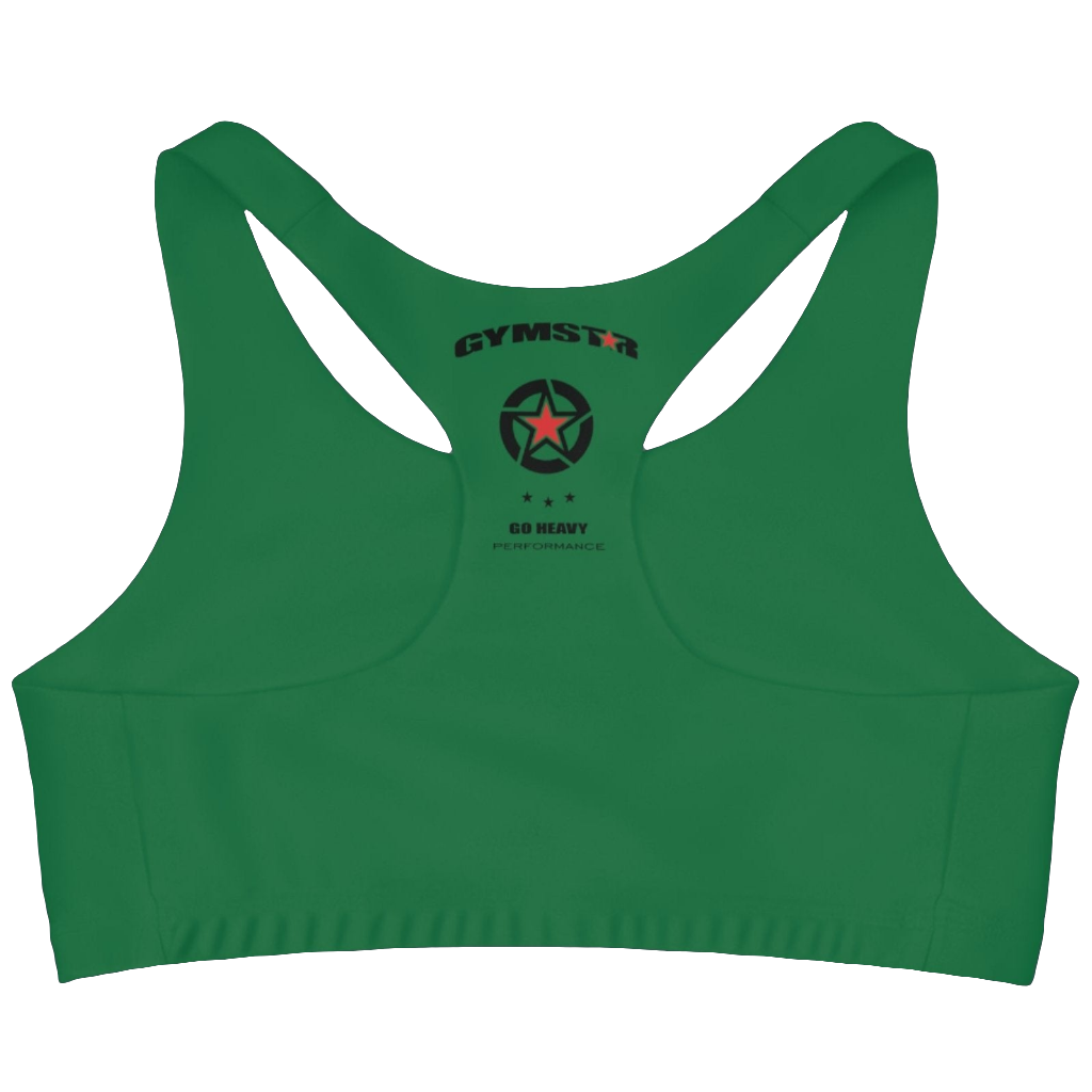 An Green,  sports, fitness bra from the Gimstar brand, with  a small logo on the left side. Rear view.