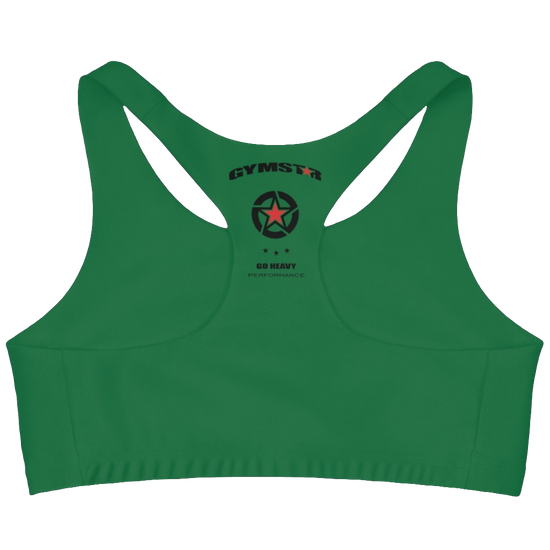An Green,  sports, fitness bra from the Gimstar brand, with  a small logo on the left side. Rear view.