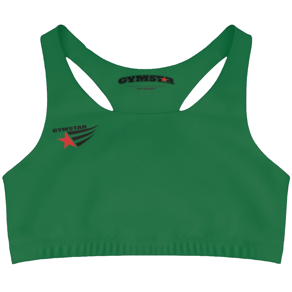 An Green,  sports, fitness bra from the Gimstar brand, with  a small logo on the left side. Front view.