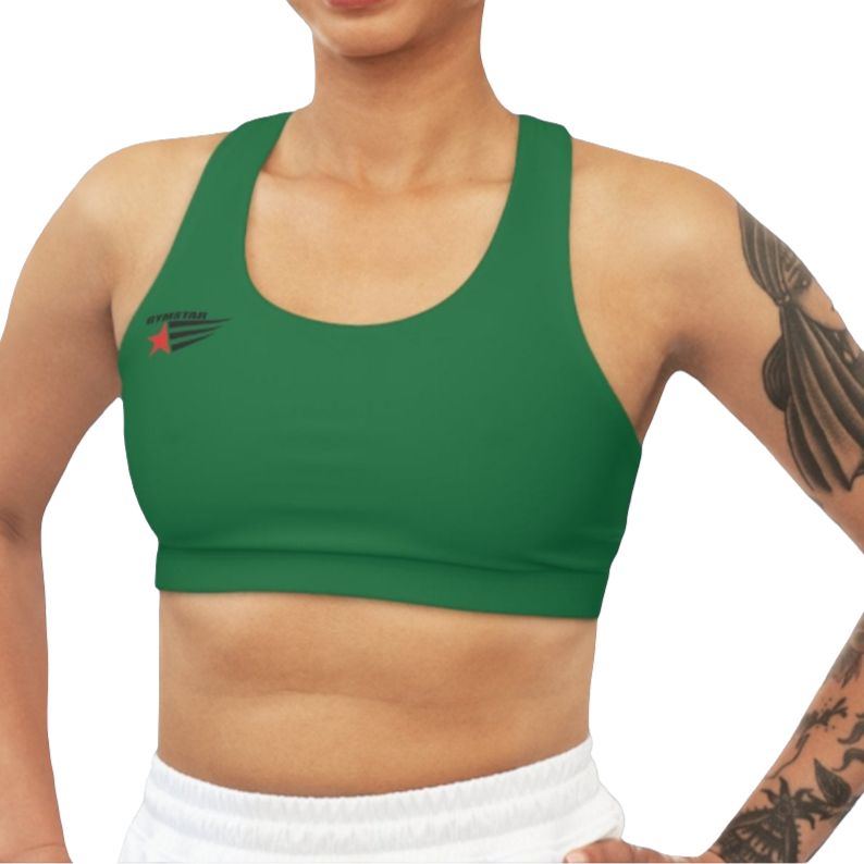 A woman wearing Green,  sports, fitness bra from the Gimstar brand, with  a small logo on the left side. Front view.