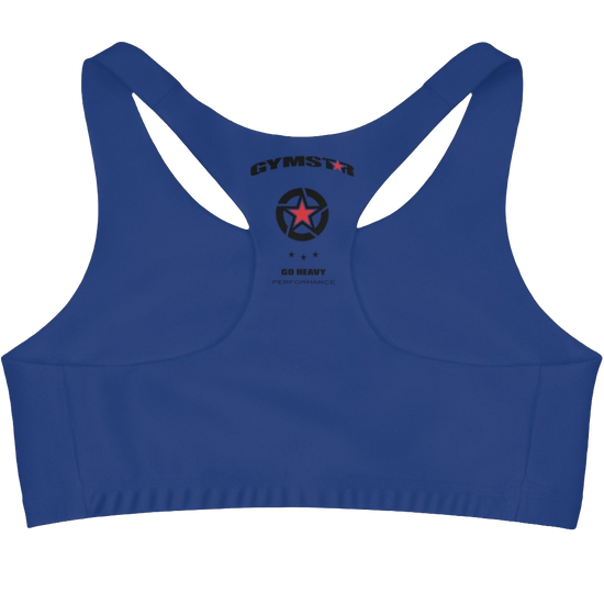 A Blue,  sports, fitness bra from the Gimstar brand, with  a small logo on the left side. Rear view.