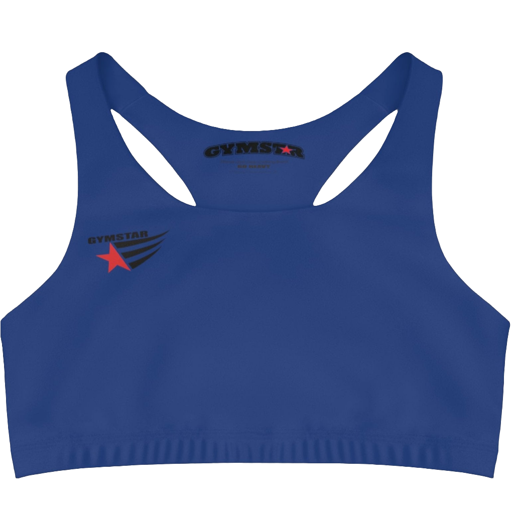 A Blue,  sports, fitness bra from the Gimstar brand, with  a small logo on the left side. Front view.