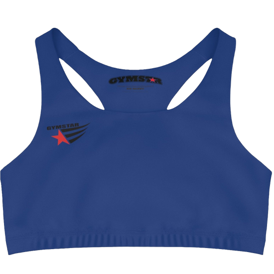 A Blue,  sports, fitness bra from the Gimstar brand, with  a small logo on the left side. Front view.