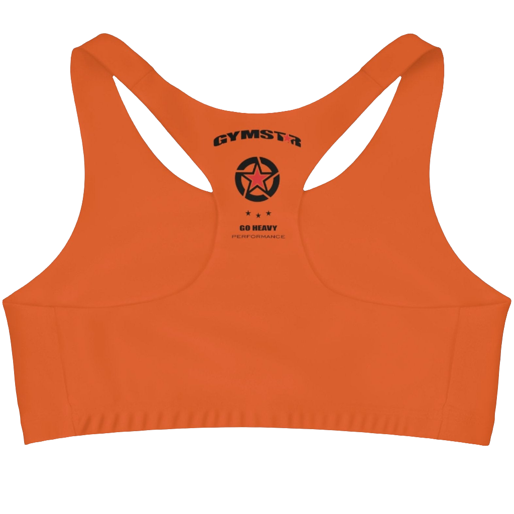 A Orange,  sports, fitness bra from the Gimstar brand, with  a small logo on the left side. Rear view.
