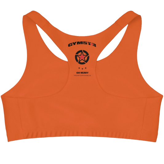 A Orange,  sports, fitness bra from the Gimstar brand, with  a small logo on the left side. Rear view.