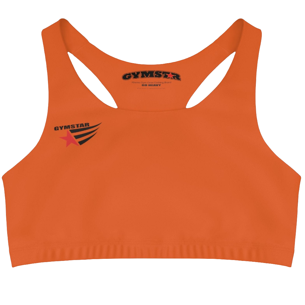 An  Orange,  sports, fitness bra from the Gimstar brand, with  a small logo on the left side. Front view.