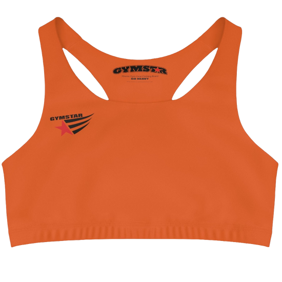 An  Orange,  sports, fitness bra from the Gimstar brand, with  a small logo on the left side. Front view.