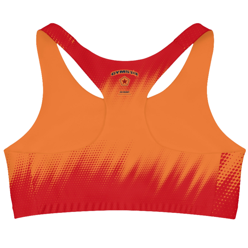 A women's athletic sports bra Gymstar. It is primarily red with a orange, dotted, gradient pattern that radiates from the sides and bottom. The straps are solid red. A small logo is on center of the back.