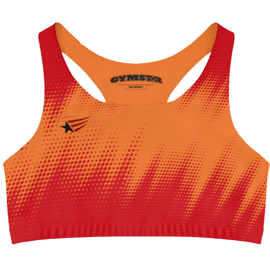 A women's athletic sports bra Gymstar. It is primarily red with a orange, dotted, gradient pattern that radiates from the sides and bottom. The straps are solid red. A small logo featuring a star and three red and blue stripes is on the left side of the chest.