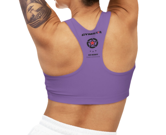A person wearing a purple Gymstar sports bra from behind, with the brand's logo visible on the back.