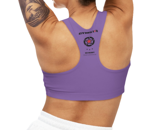 A person wearing a purple Gymstar sports bra from behind, with the brand's logo visible on the back.