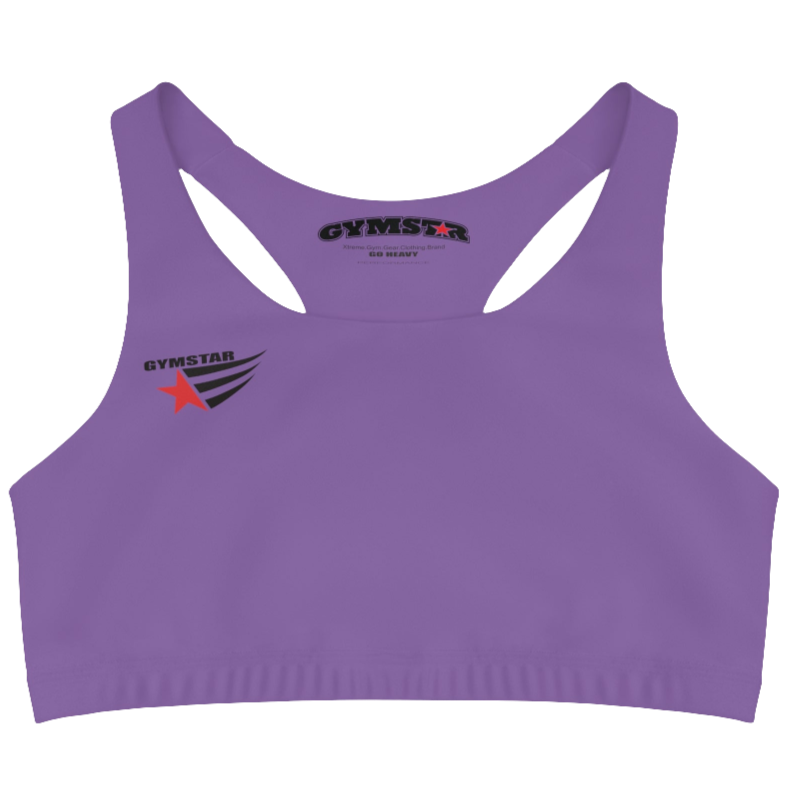 A women`s  purple athletic sports bra Gymstar, shown from the front. The straps are solid  and form a racerback style at the back. A small logo featuring a star and three red and blue stripes is on the left side of the chest.