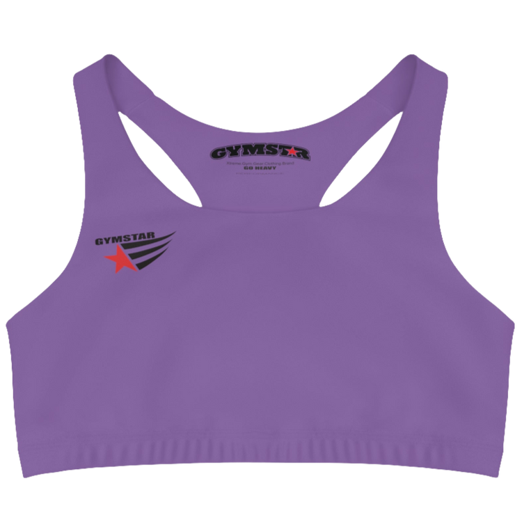 A women`s  purple athletic sports bra Gymstar, shown from the front. The straps are solid  and form a racerback style at the back. A small logo featuring a star and three red and blue stripes is on the left side of the chest.