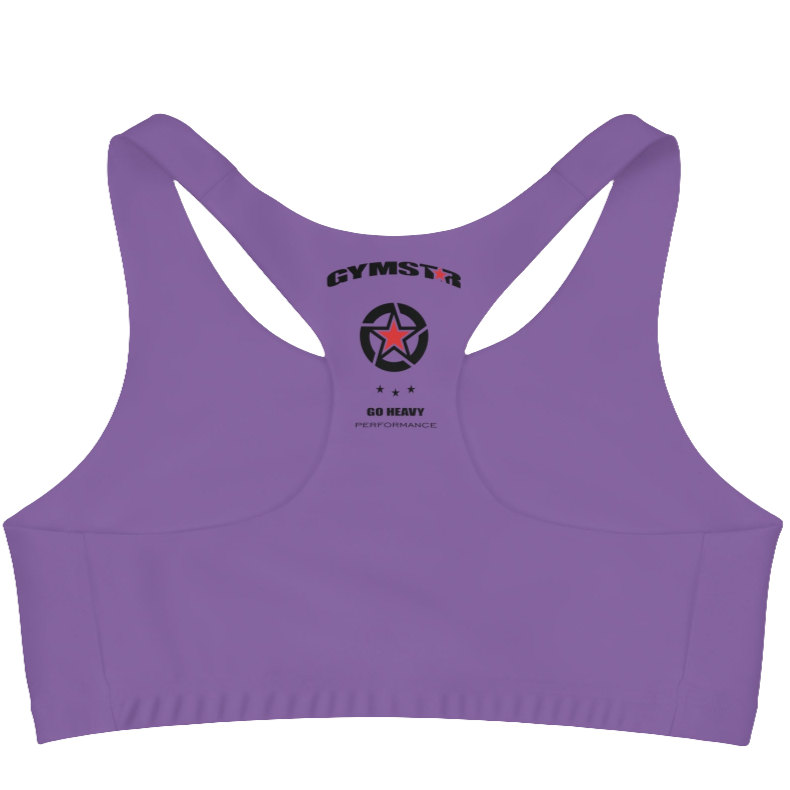 A women`s  purple athletic sports bra Gymstar, shown from the behind. The straps are solid  and form a racerback style at the back. A small logo is on the centre  side of the back.