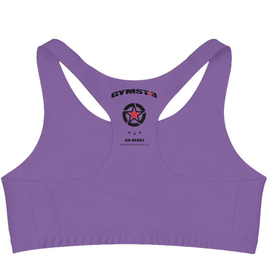 A women`s  purple athletic sports bra Gymstar, shown from the behind. The straps are solid  and form a racerback style at the back. A small logo is on the centre  side of the back.