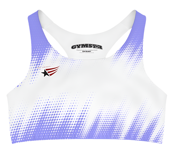A women's athletic sports bra. It is primarily white with a blue, dotted, gradient pattern that radiates from the sides and bottom. The straps are solid blue. A small logo featuring a star and three red and blue stripes is on the left side of the chest.
