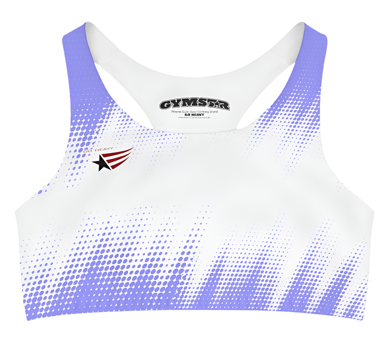 A women's athletic sports bra. It is primarily white with a blue, dotted, gradient pattern that radiates from the sides and bottom. The straps are solid blue. A small logo featuring a star and three red and blue stripes is on the left side of the chest.
